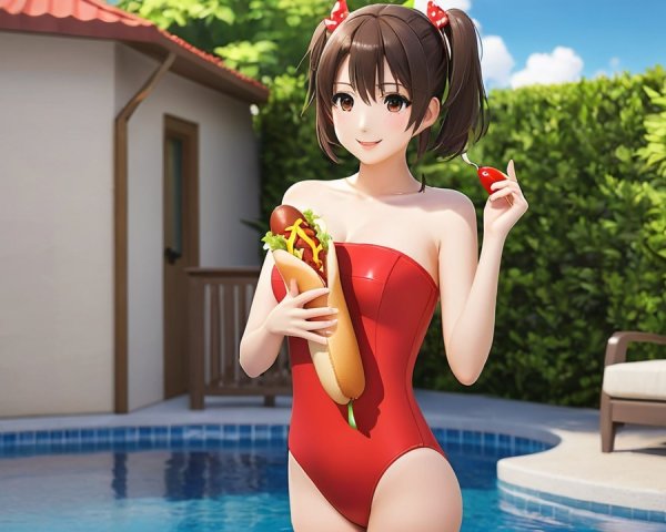 Cheerful Character by Pool with Hot Dog and Tomato