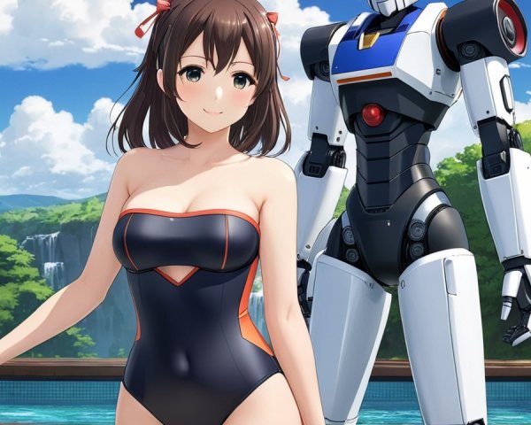 Young Woman and Futuristic Robot by Sparkling Pool