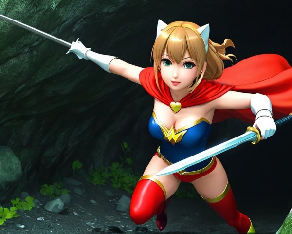 Heroic Female Character with Sword in Cave Setting