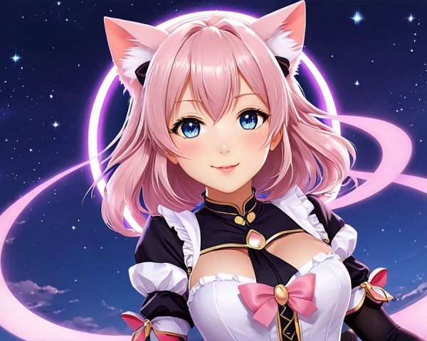 Anime Character with Pink Hair and Cat Ears in Night Sky