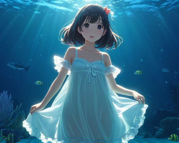 Underwater Scene of a Girl in a White Dress