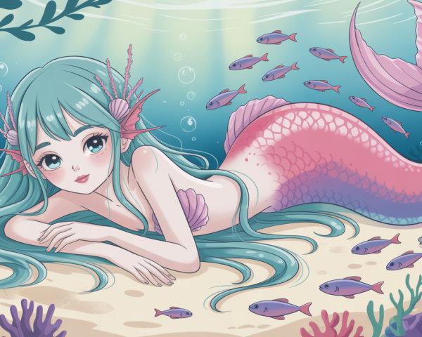 Cute Mermaid Illustration with Blue Hair and Tail