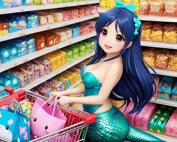 Animated Scene of a Cheerful Mermaid in a Grocery Store