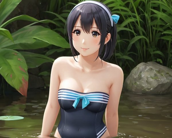 Young Woman in Stylish Swimsuit in Serene Nature Setting