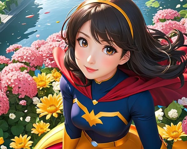 Young superheroine in vibrant garden setting