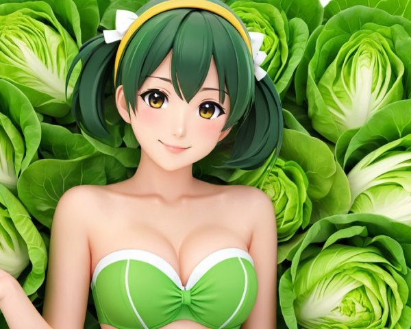 Cheerful Animated Character Surrounded by Cabbage