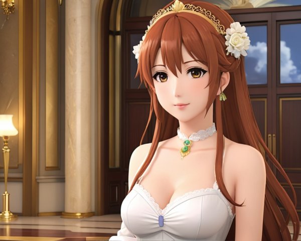 Animated Character in Elegant Dress with Floral Crown