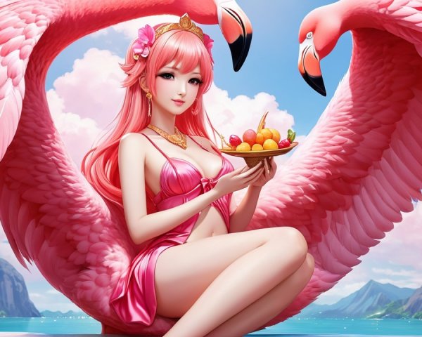 Vibrant Tropical Scene with Character and Flamingos