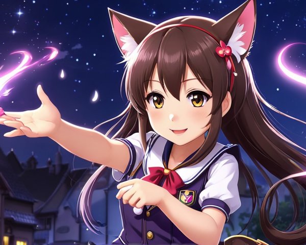 Young girl with cat ears under starry night sky