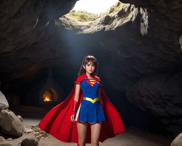 Superhero Figure in Cave with Vibrant Costume