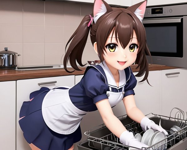 Cheerful anime character in navy maid outfit loading dishwasher