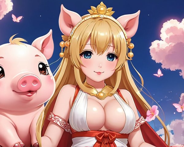 Whimsical anime character with pig in dreamy sky