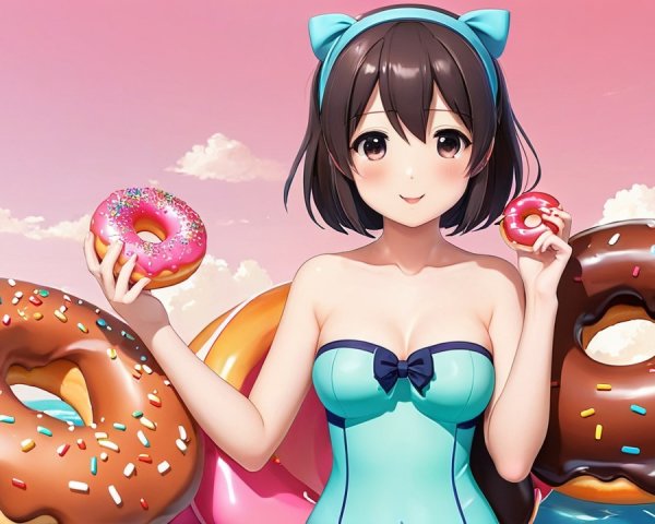 Cheerful woman in blue swimsuit with colorful donuts