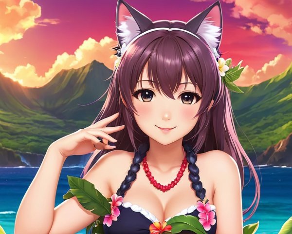 Character with Cat-Like Features in Sunset Setting