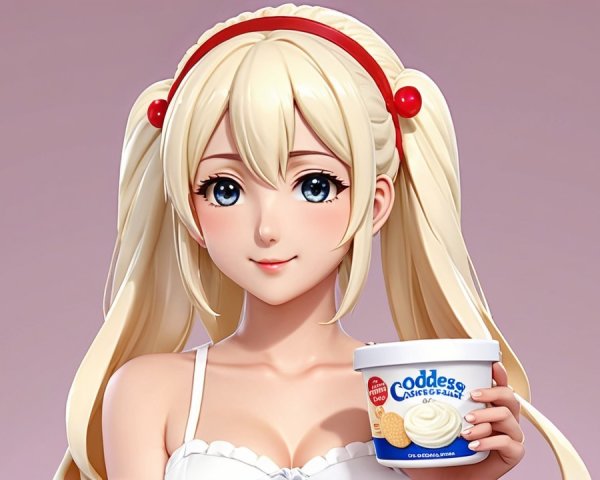 Cheerful anime character with blonde pigtails and ice cream