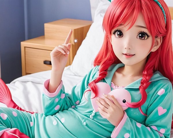 Character with Red Hair in Playful Pajamas and Plush Toy