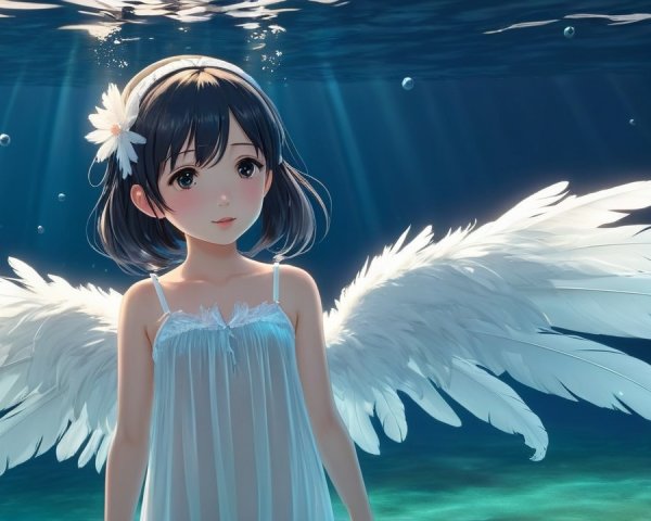 Underwater Scene with Angel-Winged Girl and Sunlight