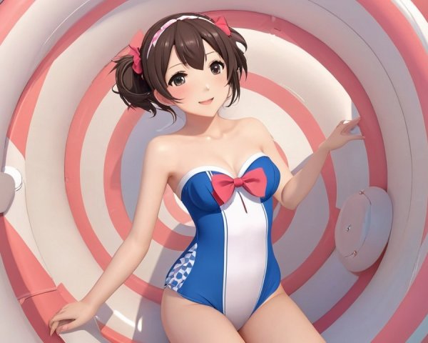 Cheerful animated girl in vibrant swimsuit on float