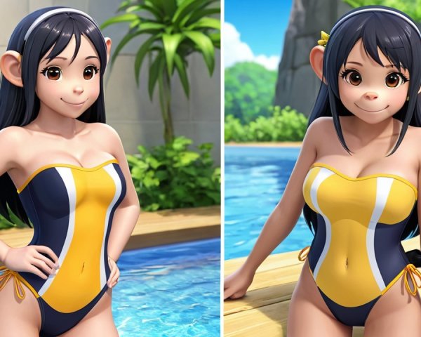Stylized Character in Vibrant Swimsuit by Pool