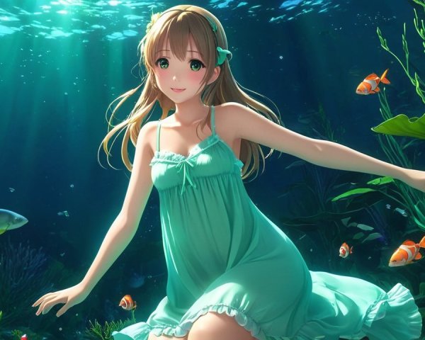 Underwater Scene with Girl in Green Dress and Fish