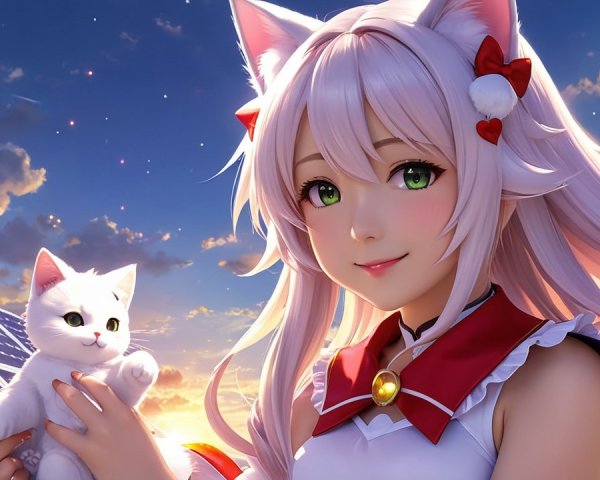 Character with Cat Ears and Kitten at Sunset Scene