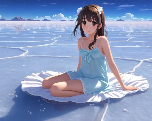 Young girl in blue dress on shimmering salt flat
