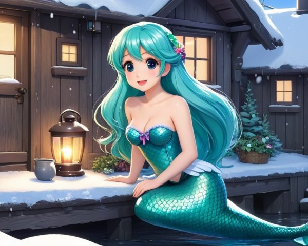 Whimsical Mermaid Scene on Snowy Rooftop