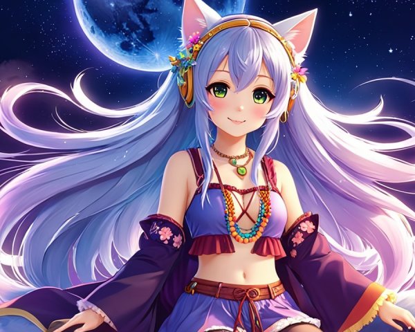 Vibrant anime character with blue hair and cat ears
