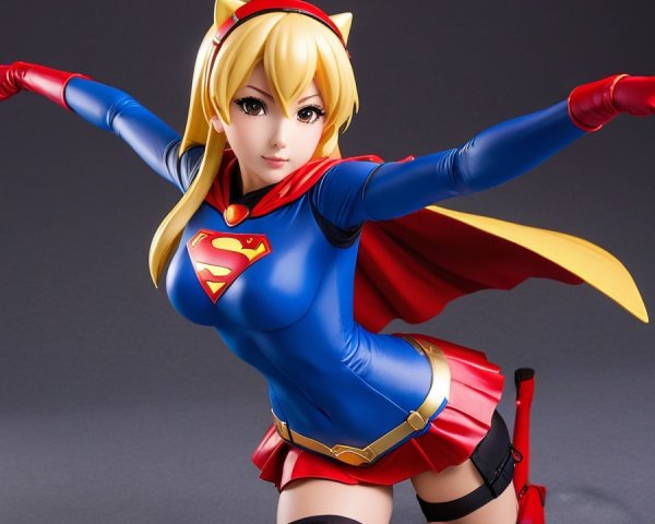 Dynamic Heroic Character in Blue Bodysuit and Cape