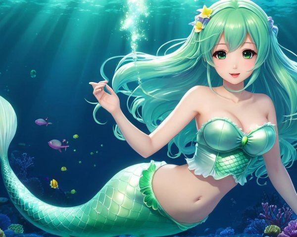 Vibrant Underwater Scene with Enchanting Mermaid