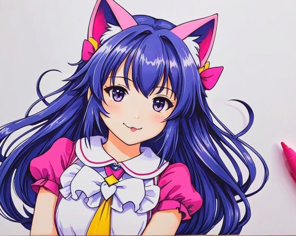Vibrant Illustration of a Girl with Blue Hair and Cat Ears