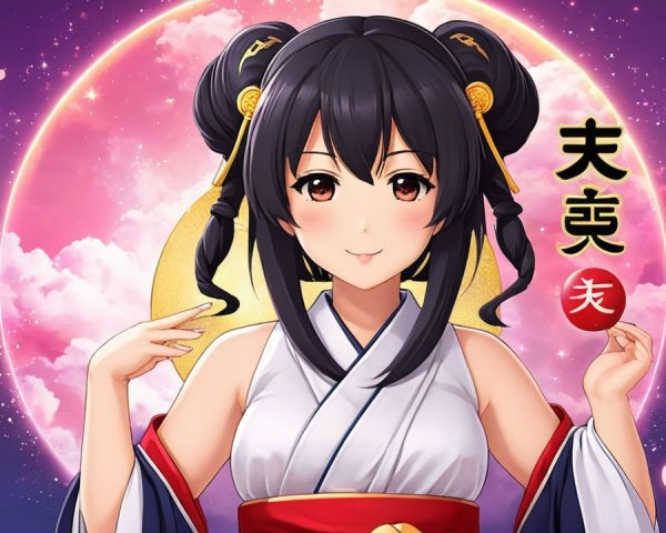 Young Woman in Kimono with Moon and Lanterns Background