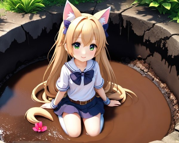 Cheerful Anime Girl in Muddy Hole Surrounded by Grass