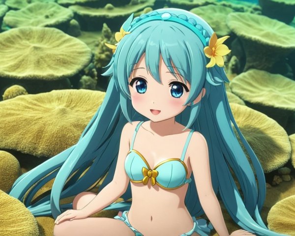 Cheerful anime character on vibrant coral reef