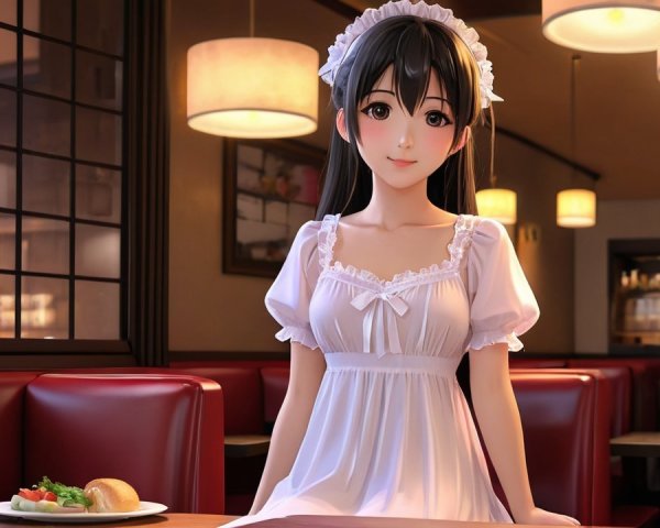 Anime-Style Waitress in Cozy Restaurant Setting