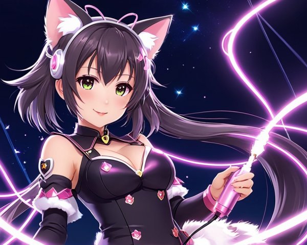 Vibrant Anime Character with Cat Ears and Energy Ribbons