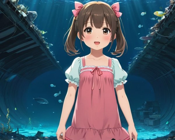 Young girl in serene underwater scene with fish