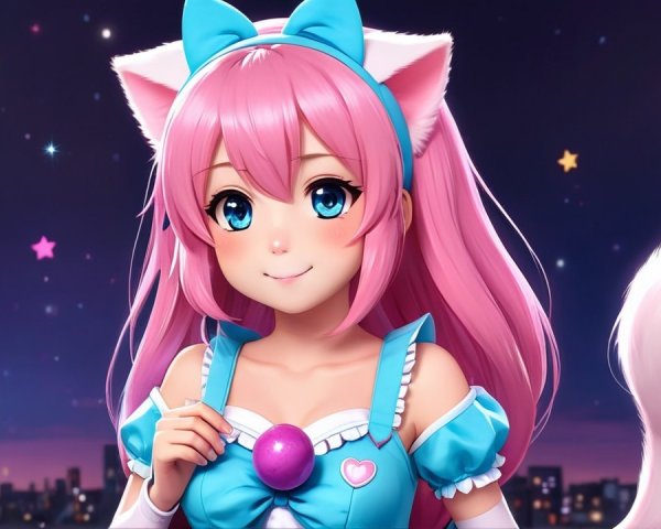 Vibrant anime character with pink hair and cat ears