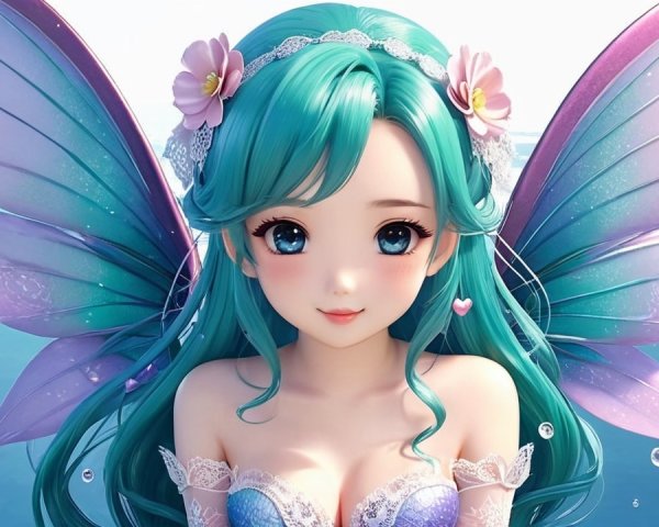 Whimsical Fairy with Teal Hair and Ocean Background