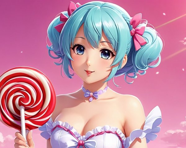 Cheerful anime girl with blue twin tails and lollipop