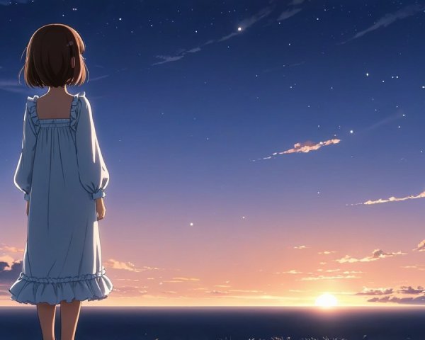 Young girl at shore during vibrant sunset colors