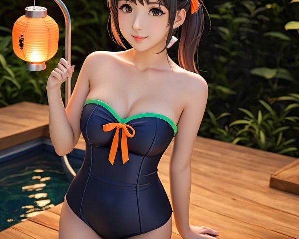 Young woman in stylish swimsuit by tranquil pool
