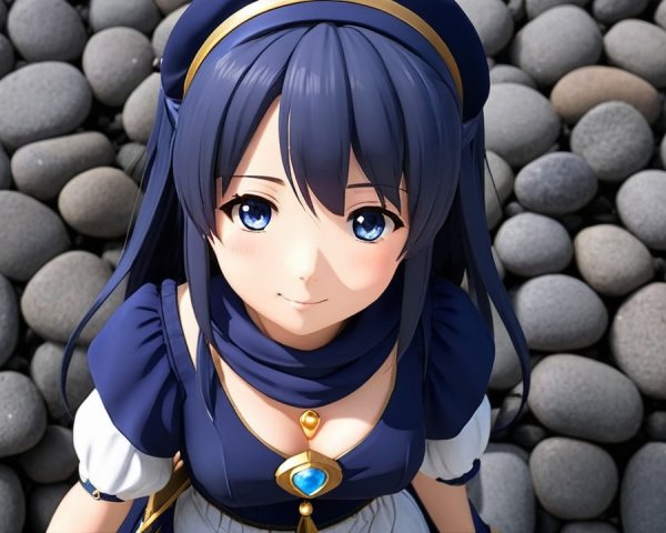 Young woman with blue hair in serene pebble setting