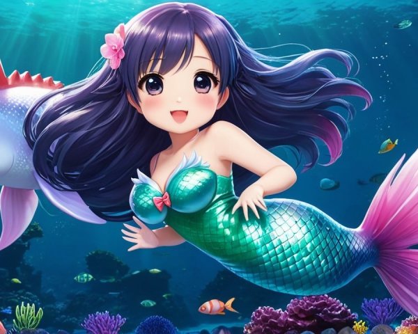 Colorful Underwater Scene with Mermaid and Dolphin