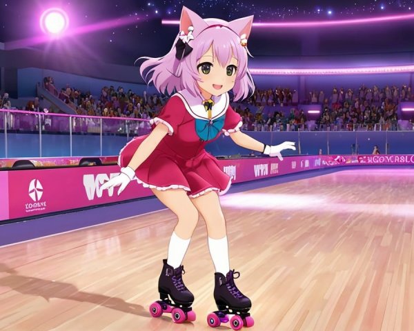 Cheerful Anime Character on Roller Skates in Colorful Rink