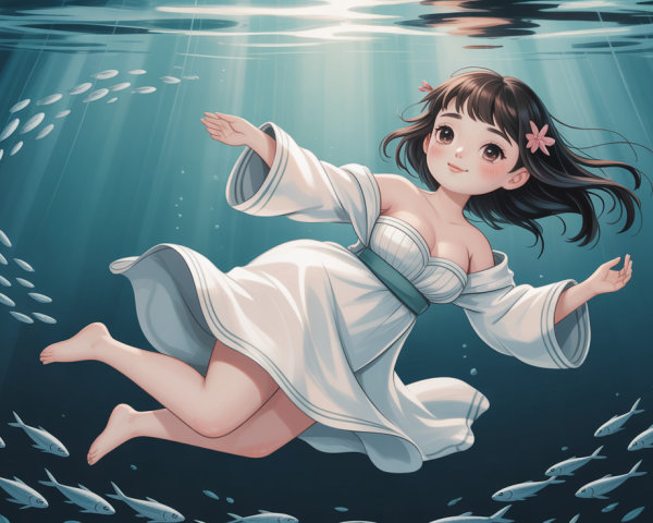 Anime-style illustration of a girl swimming underwater