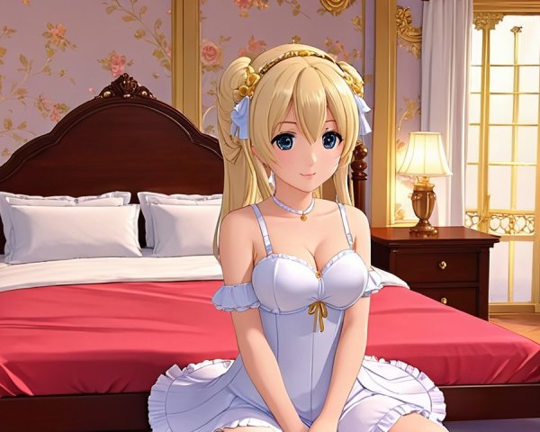 Young Woman in White Nightgown in Elegant Bedroom
