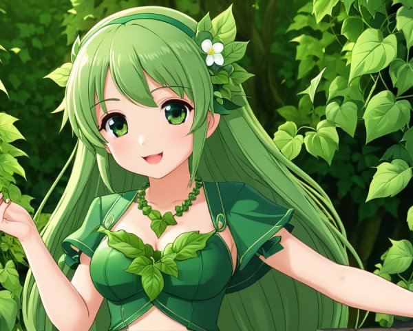 Cheerful girl with green hair in lush foliage setting