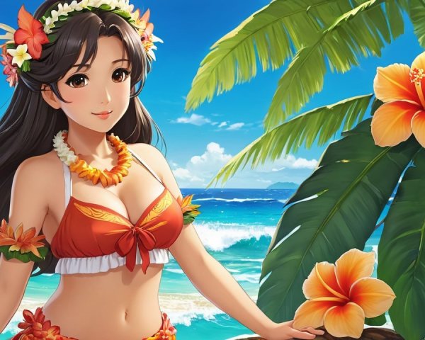 Cheerful Woman in Tropical Setting with Floral Bikini