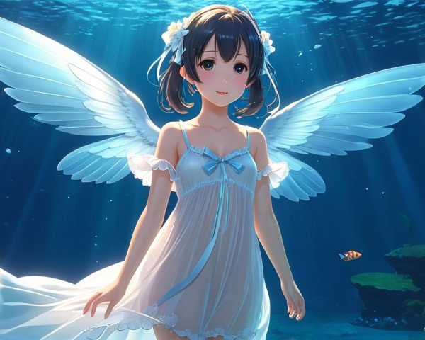 Underwater Scene of a Girl with Angelic Wings